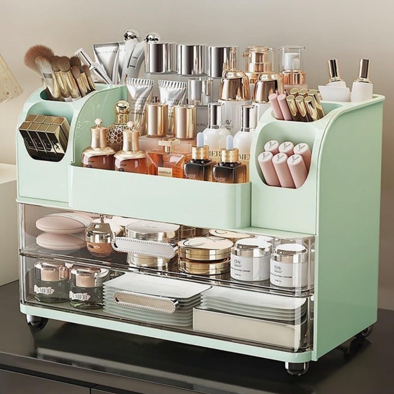 Heaime Makeup Organizer with Drawers for Vanity,Bathroom Countertop Organizer with Brushes Holder,Skincare Storage Organizer,Perfect Cosmetic Display Case for Skincare,Lipstick and Beauty Essential (Green) - Image 1